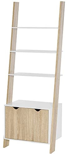 HOMCOM Libreria a Scala con 3 Mensole e Armadietto, Libreria a Scala Stile Nordico in Legno, 60x40x171cm, Rovere e Bianco
