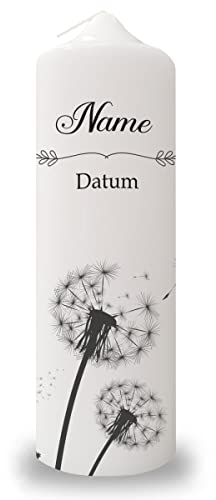 GRAVURZEILE Trauerkerze Pusteblume - Kerze mit Name & Datum - Hochwertige Stumpenkerze 250/80 mm brilliant bedruckt - Trauerdekoration für das Grab - Geschenk für die Trauernden