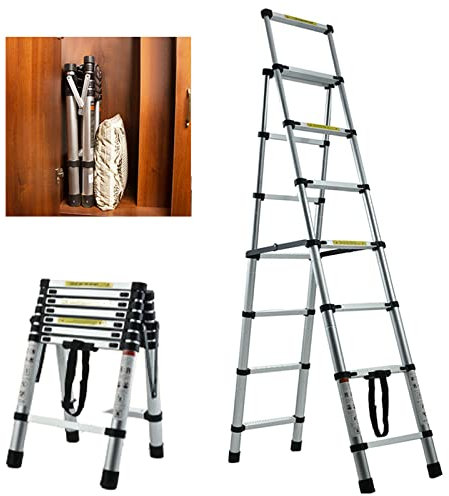 7 Step Ladders Foldable Lightweight Aluminum Telescopic Extension Ladder A Frame Home Loft Stepladders Portable with Nonslip Rubber Feet EN131 Safe Standard (2M-2.3M)