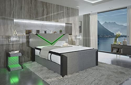 Boxspringbett Lyon mit Strukturstoff LED Licht großes Kopfteil Stauraum in Allen gängigen Größen (180 x 200 cm, Grau-Schwarz)