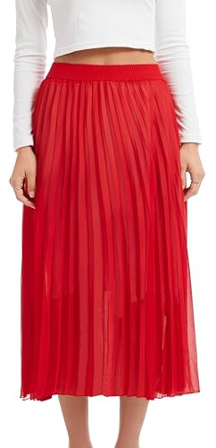 TEERFU Womens Pleated Skirt Ladies Midi Summer Casual Evening Elasticated Waist Party Swing Skirt Red