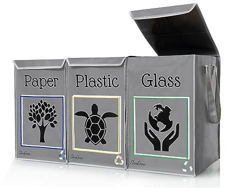 Shiva Green Poubelle Tri Sélectif – 3 Bacs avec Sac et Couvercle – Plastique, Verre, Papier