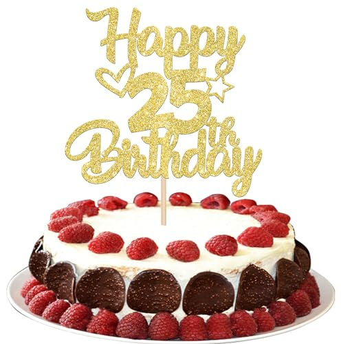 1 Stück Happy 25th Birthday Cake Topper Glitter Heart Star 25 Fabulous Tortendeko Prost auf 25 Jahre alt neunzig fabelhafte Tortendekorationen 25 Geburtstag Party Kuchen Dekoendeko Gold