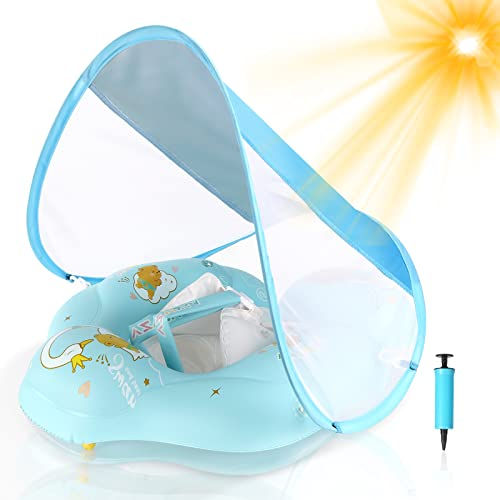 WYRIAZA Flotador Bebe con Sombrilla, Flotadores para Bebes,Flotador Bebé Inflable Parasol Extraíble 6-36 Meses (8-16Kgs) Flotador para Bebe con Sombrilla con Bola de Equilibrio para Evitar Vuelcos