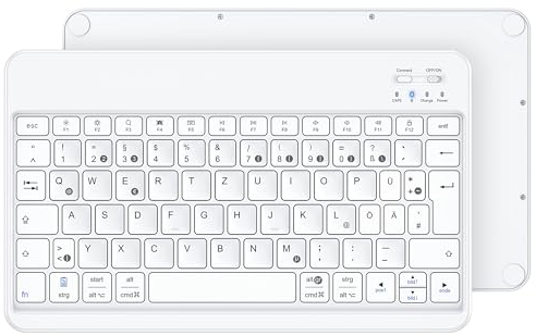 Emetok Deutsche Bluetooth Tastatur für iPad Air/Pro/Mini/10,9/10,2/9,7/iPhone/Samsung/Android, Ultra-dünn, Wiederaufladbar, QWERTZ, Tragbare Kabellose, Weiße