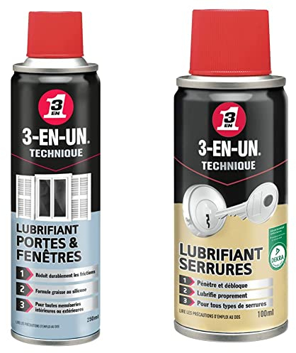 3-EN-UN Technique Lubrifiant Portes et Fenêtres Aérosol Compatible tous métaux 250 ML & Technique • Lubrifiant Serrure • Aérosol • Lubrifie proprement• Pour tous types de cylindres • 100 ML