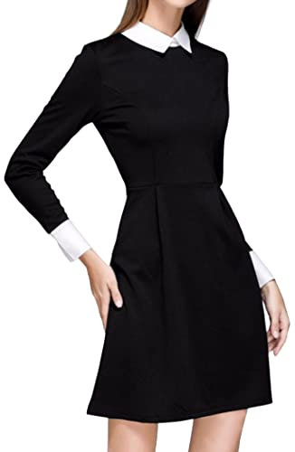 Womens Black Peter Pan Pleated Long Sleeve Contrast Collar&Cuff Casual Club Halloween Funeral Dress (as8, Numeric, Numeric_14, Regular, Regular)