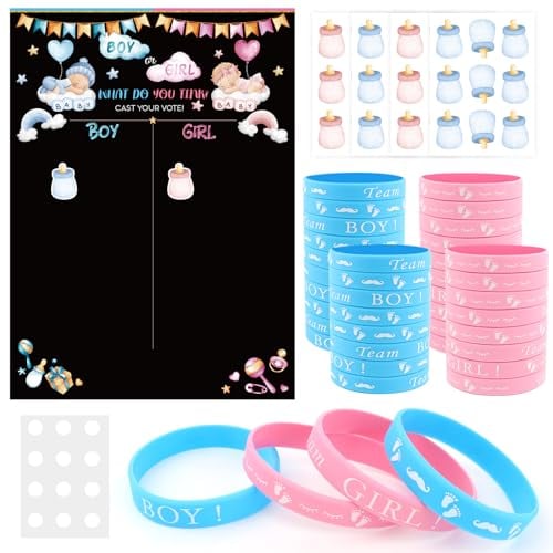 MXTIMWAN 77 Piezas Kit de Voto de Revelación de Género, Fiesta de Revelación de Sexo Decoración Incluye Género Póster de Voto, Pegatinas, Team Boy y Girl Pulseras para Fiesta de Baby Shower