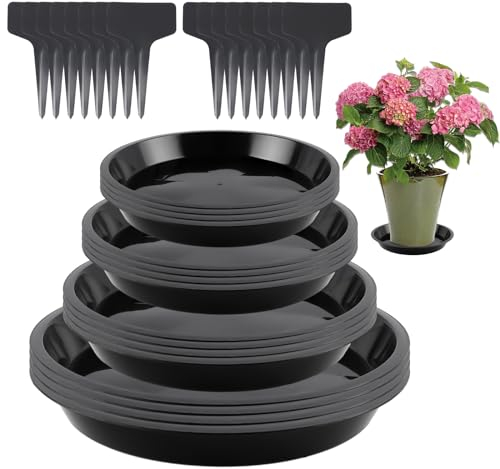 INQUIRLLY Blumentopf Untersetzer 16 Stück Plastik Pflanzen Untersetzer Blumentopf Untersetzer Rund mit 18 Stück Etikett Pflanzenuntersetzer Rund Blumen Untersetzer für Innen und Außenpflanzen