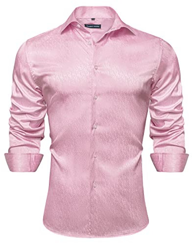 Barry.Wang Mens Shirt Fashion Solid Paisley Breathable Satin Casual Business Flower Striped Long Sleeve Party Work Wedding Dress Shirts Pink S-3XL