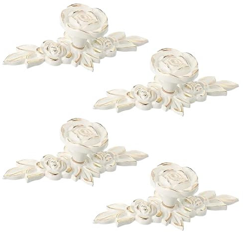 MOROBOR Euro Rose Schrankknöpfe mit Rückplatte, Vintage-Zinklegierung, elfenbeinfarben, Weiß, Schubladengriffknöpfe für Kleiderschrank, Kommode, Schrank mit Schrauben (goldener Rand), 4 Stück