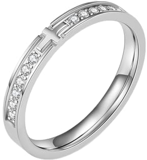 Whoiy Frauen Ringe Gravur Personalisiert Kreuz 3MM Eheringe Verlobung, Edelstahl Partner Verlobungsringe Silber mit Zirkonia Größe 65 (20.7)