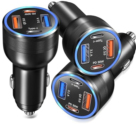 Bangfun - 65W 4-Port Car Charger, Dual 12V USB-C & USB A Power Adapter, QC+PD 3.0 Power Adapter, Fast Charging Cigarette Lighter Plug for iPhone 15/14/13/11 Pro, Samsung