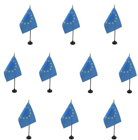 AZ FLAG - Lot de 10 Mini Drapeau Europe De Table - 15x10 cm - 10 Drapeaux Européen - Union Européenne - Ue De Bureau 100% Polyester Avec Hampe Point Dorée