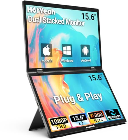 HotYeah Extensor de visualización triple para portátil, monitor de doble apilado de 15.6 pulgadas (Windows/MAC), USB-C HDMI 1080P IPS, Plug & Play, extensor de monitor extendido plegable con soporte y