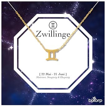 Bixorp Sternzeichen Zwillinge Halskette - Sternzeichen-Kette aus Edelstahl in Gold – Zodiac-Halskette auf Geschenkkarte