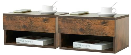 LYNCOHOME Wandregal mit Schublade, Nachttisch Nachtkommode Hängend, Nachttisch Wandmontage, Wandschublade, Wandboard Schlafzimmer, Vintagebraun, 2er Set