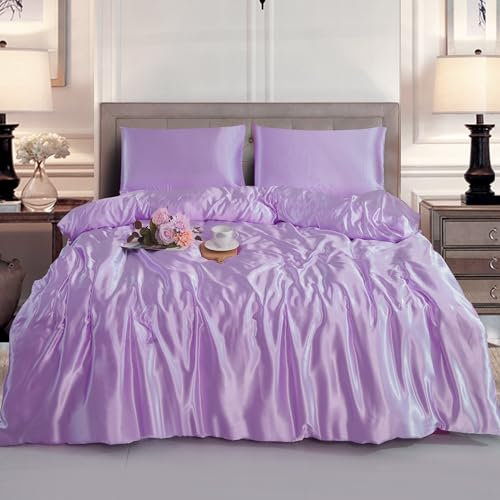 Hadi London Slik Satin Duvet Cover Sets - Luxurious Bedding with Zip Fastening - Soft and Breathable Quilt Cover with 2 Pillowcases - Available in Single, Double, and King Sizes (LILAC, DOUBLE)
