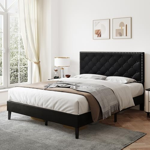 Merax 4ft6 Upholstered Bed Double Bed Frame with Adjustable Headboard,Children's bed,Youth bed,Guest bed,Velvet, Solid Wood Slats,Easy Assembly, B Black (135x190cm NO MATRESS)