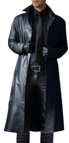 Men's Trench Coat, Solid Color Pu Leather Full Length Windbreaker Gothic Faux Leather Steampunk Overcoat Casual Outwear Lapel Windproof Motorcycle Button Up Long Trench Coat for Winter