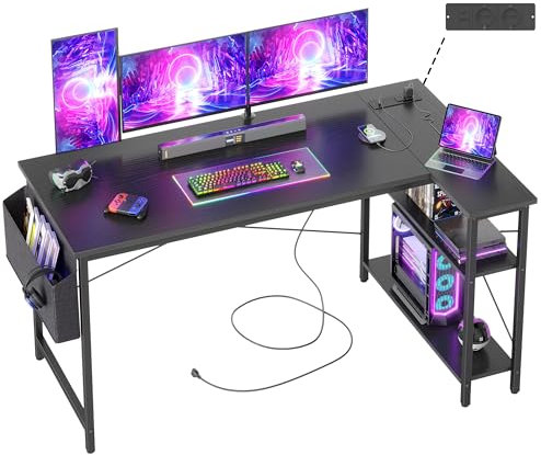 BEXEVUE Gaming Schreibtisch L-Form, 140 x 70 cm, Reversibel Gaming Tisch Computertisch mit Steckdosen und Seitentaschen, Eckschreibtisch für Büro und Homeoffice Stärker X Form Halterung, Schwarz