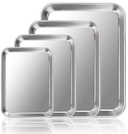 FWEEK 4PACK Oven Trays Non Stick Set, Baking Tin Baking Tray- Stainless Steel (PFOA Free) Cooking Roasting Tins for Ovens - Dishwasher Safe