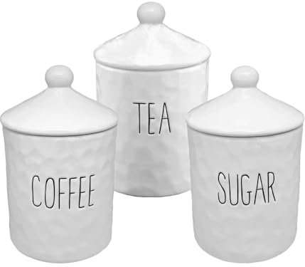 UNIQUE HOME LIVING Coffee Tea Sugar Canister Set, 3-Piece White Ceramic Canisters with Lids, Decorative Kitchen Food Storage Jars, Airtight Container - 11 x 17.5cm