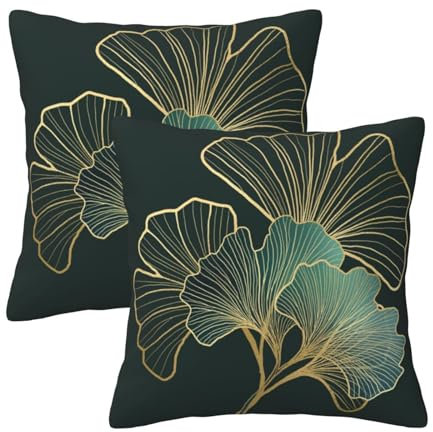 HOSTECCO Turquoise Cushion Covers 45x45 cm Set of 2 Teal Gold Ginkgo Leaves Cushion Cases Emerald Green Decorative Pillow Covers for Sofa Couch