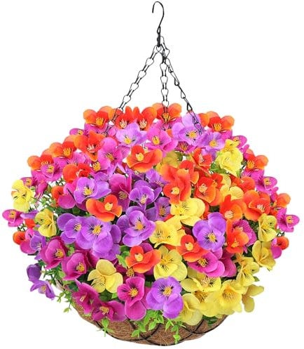 LARDUX Artificial Hanging Baskets with Flowers-12 Inch Large Silk Fake Flower Hanging Basket for DIY Outdoor Garden Home Yard Patio Decoration