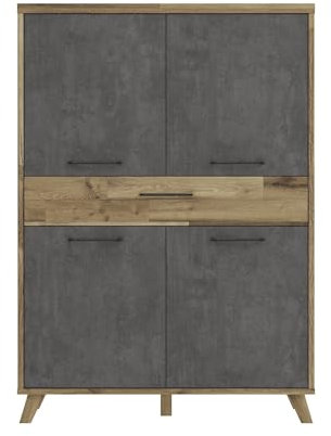 möbelando Highboard >RICCIANO< Der Hochschrank RICCIANO in Betonoptik Dunkelgrau/Stabeiche (114,5x161,9x41,5 cm) bietet 4 Türen, 1 Soft-Close-Schublade, MDF-Füße und Metallgriffe.