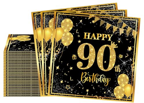 Schwarz Gold Servietten 90. Geburtstag Mann Frau, 20 Stück 33 X 33cm Happy Birthday Papier Servietten 90 Deko, 2-Lagig Cocktail Serviette 90 Geburtstag für Feier Jubiläum Tischdekoration