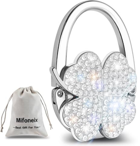 Mifoneix Bling Clover Design Purse Hook for Table，Foldable Handbag Hanger ，Table Glitter Purse Hanger，Sparkle Metal Folding Bag Holder（Silver）
