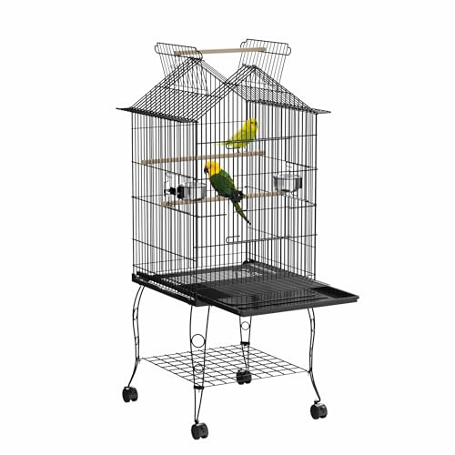 NAIZY Vogelkäfig Groß 55x55x145 cm Vogelvoliere Oben offen Metall Papageienkäfig mit Base & 4 Rollen & 3 Holzstangen & 2 Futternapf, Wellensittich Käfig Voliere Birdcage, Typ 709