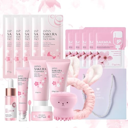 Kit per la Cura della Pelle Sakura 18 Pezzi,Include Detergente,Crema, Siero,Siero per gli occhi,Maschera di fango,Maschera per dormire, Accessori,Set Skincare Viso Completo per Ragazze e Donne