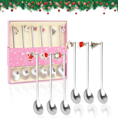 lrgnixs Christmas Spoons,Stainless Steel Christmas Tea Spoons Set of 6,Hot Chocolate Spoons with Xmas Pendant,Offee Ice Cream Spoon,Christmas Cutlery Set for Gifts,Xmas Stocking Fillers