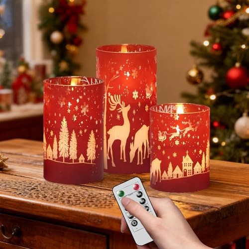DRomance Flammenlose Weihnachtskerzen, batteriebetrieben, mit 10-Tasten-Fernbedienung und Timer, 3D-Docht, flackerndes galvanisiertes Glas, Rentier, LED-Kerzen, Innen-Urlaubsdekorationen (rot, 7,6 cm