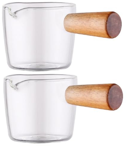 ANDRESLAD 2Er Set Klarglasmilchkrug Mit Holzgriff 8X5X4.5Cm HitzebestäNdig Ausguss FüR Espresso Sahne Sirup Messbecher Ideal FüR Zuhause Restaurant Und Hotel