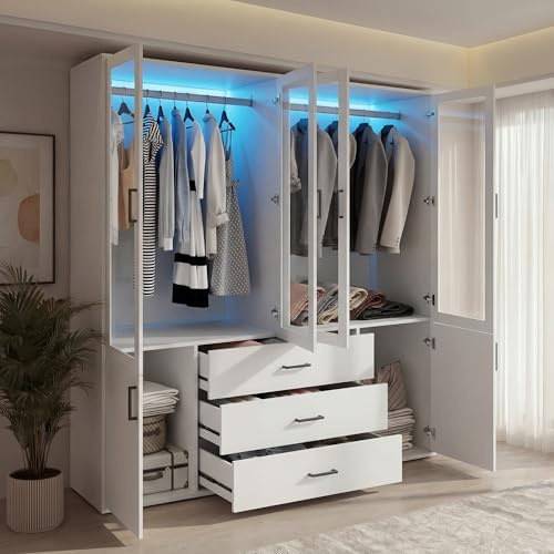 JiaOyu Kleiderschrank Weiß, Drehtürenschrank 4-türig mit 3 Schubladen, Aufbewahrungsschrank mit Kleiderstange, Schlafzimmerschrank Mehrzweckschrank für Wohnzimmer Schlafzimmer (160x52x182cm)