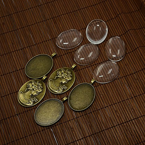 PEPPERLONELY Marke 5 Sets Antik Bronze Klarglas Cabochons Zinklegierung Oval mit Damen Hochformat Anhänger Cabochon Fassungen 40 x 30 mm (1-3/5 x 1-1/6 Zoll)