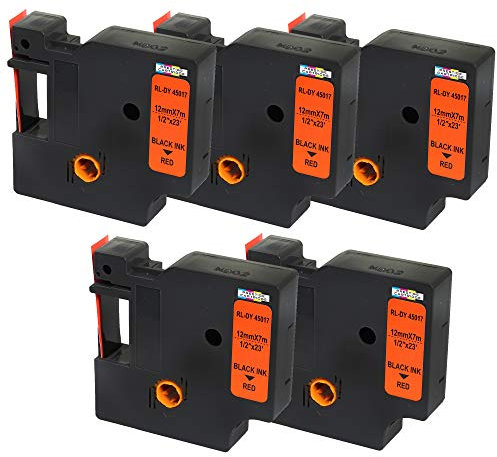 5x Schriftband-Kassetten 45017 S0720570 schwarz auf rot 12mm x 7m kompatibel für LabelManager LM 160 210D 220P 260P 280 360D 420P 450D 500TS PnP MobileLabeler LabelPoint LabelWriter LW 450 Duo