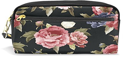 Federmäppchen Bedruckt mit Pfingstrosen-Blumenmuster in Wasserfarben, Reisetäschchen, Make-up-Tasche, große Kapazität, wasserdicht, Leder, 2 Fächer, für Mädchen, Jungen, Damen, Herren