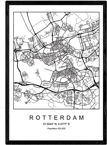 Carte de la carte de la ville Rotterdam Nordic Style en noir et blanc. Affiche A3 Taille encadrée avec du papier noir imprimé 250 gr. Photos, draps et affiches pour salon et chambre à coucher