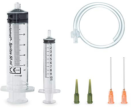 Spritzenset 60 und 10 ml mit Nadeln, Dosierspitzen und Schlauch | Softmatik Spritzen mit Luer-Anschlüssen, zwei stumpfen 40-mm-Kanülen, zwei Düsen und 30-cm-Dosierschlauch