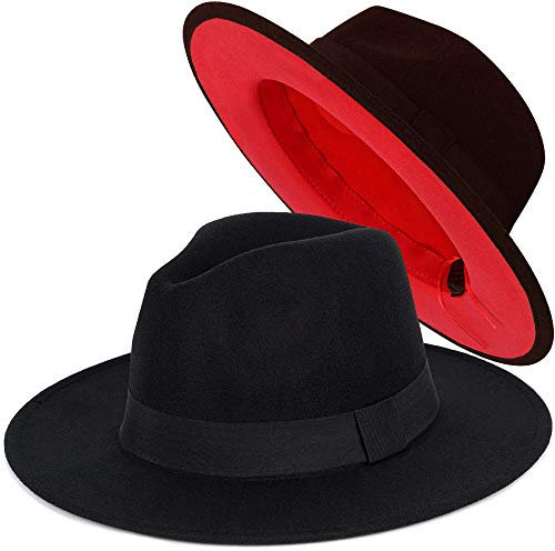 FADACHY Trendiger Fedora-Hut, breite Krempe, Filz-Hut, Kleid, Panama, zweifarbig - Rot - Einheitsgröße