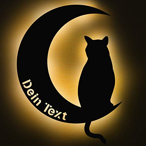 Elbeffekt Katze Mond Lampe aus Holz - personalisierbares Geschenk für Mädchen - Kinderzimmer Deko - Baby Geschenk - personalisierbar zum Hinstellen/Aufhängen - Katzen Geschenk - persönliches Geschenk