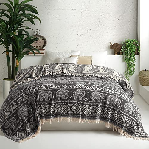 Milam LondonBoho-Überwurfdecke, Bohemian-Überwürfe für Kingsize-Betten, wendbare Bohemian-Bettwäsche, Sofaüberwurf, große 3-Sitzer-Tagesdecke, 220 x 240 cm, Anthrazit