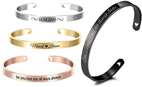 aplusashop ID Edelstahl Armreif + Gravur nach Wunsch Armband mit Herzen in 8 Farben Neu (Gold Matt, Mit Gravur)
