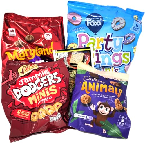 Mini Biscuits Selection Pack with Mini Party Rings, Jammie Dodgers Minis, Double Choc Cookie Minis, Animal Freddo and Kitchenfella 'Cooking Tips' postcard