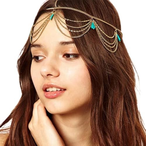 Wendalern Boho Türkis Kopfstück Geschichtet Quaste Haarkette Gold Vintage Anhänger Stirn Stirnband Hochzeit Türkis Stirnbänder Schmuck Für Frauen Mädchen