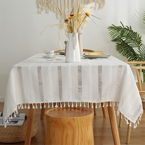 Pahajim Tischdecke Weiß Leinen Baumwolle Abwischbare Tischdecken Rechteckig Modern Quaste Stil für Outdoor, Garten, Restaurant Desktop Dekoration(Weiß,140 x 180 cm)